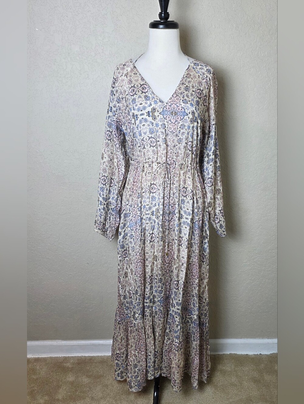 Roller Rabbit Odila Tiered Long Sleeve Bohemian Paisley Maxi Dress Size S